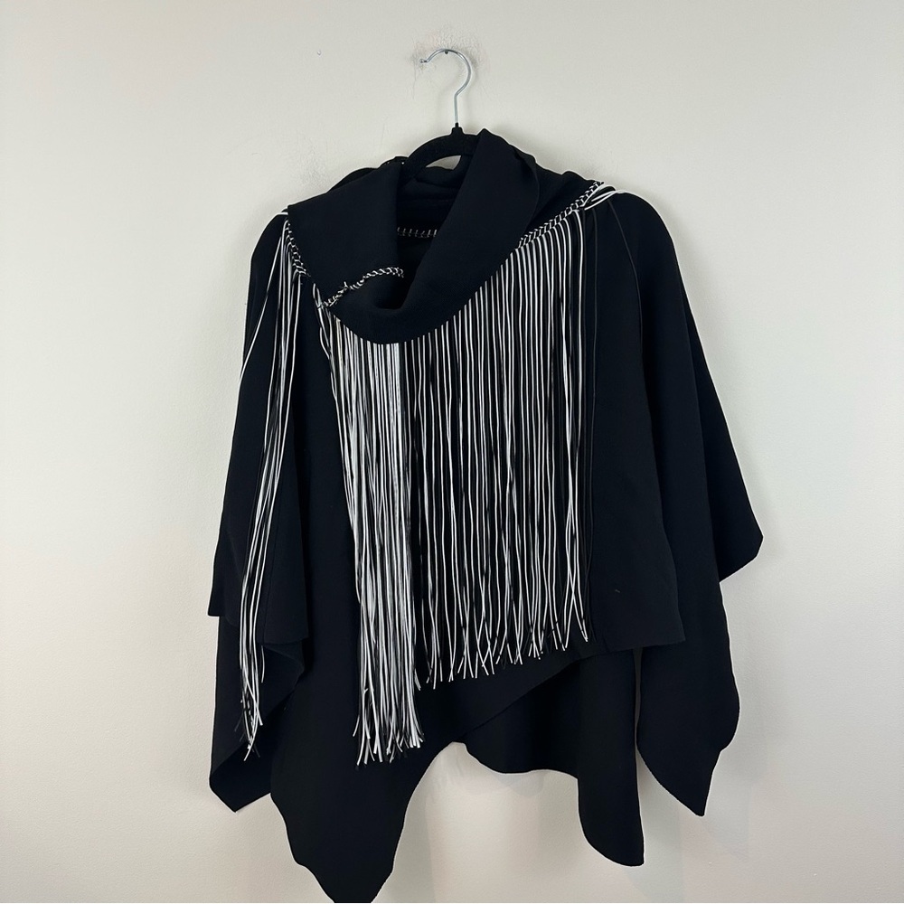Zara Black Fringe Western Sweater Cowl Neck Poncho Size Large Women's